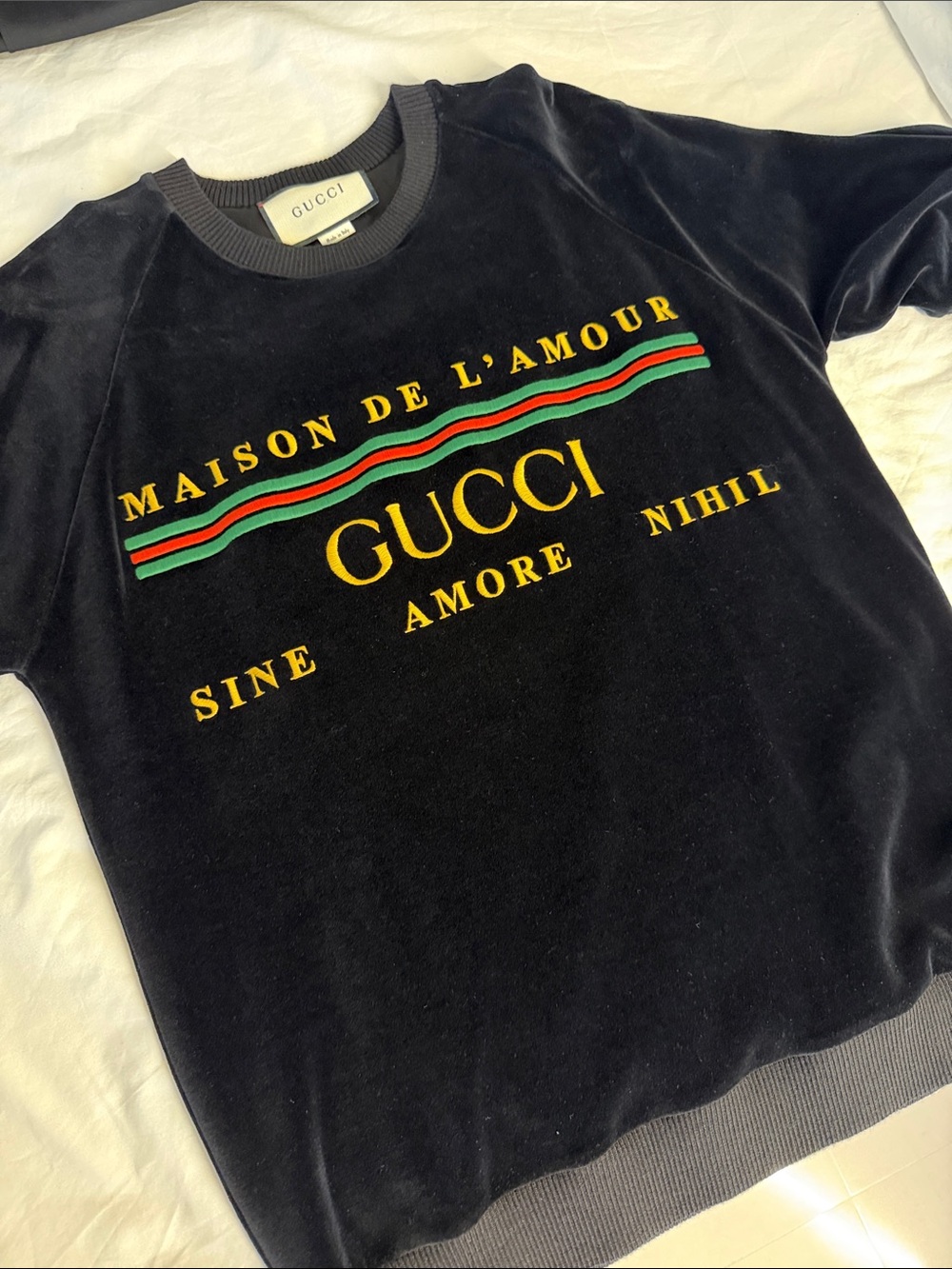 Gucci Black Velvet Maison de L'Amour Logo Sweatshirt with Green & Red Stripe